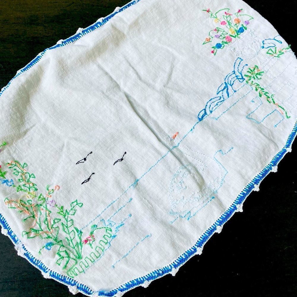 Vintage Embroidered Hand Stitched Oval Placemat Textile